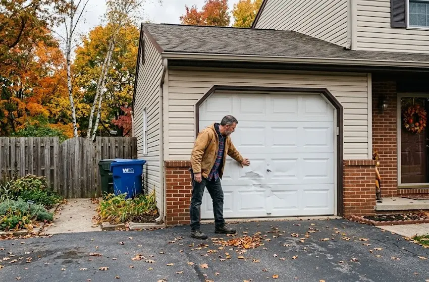 Homeowner inspecting a dented garage door panel before deciding whether to repair or replace the door
